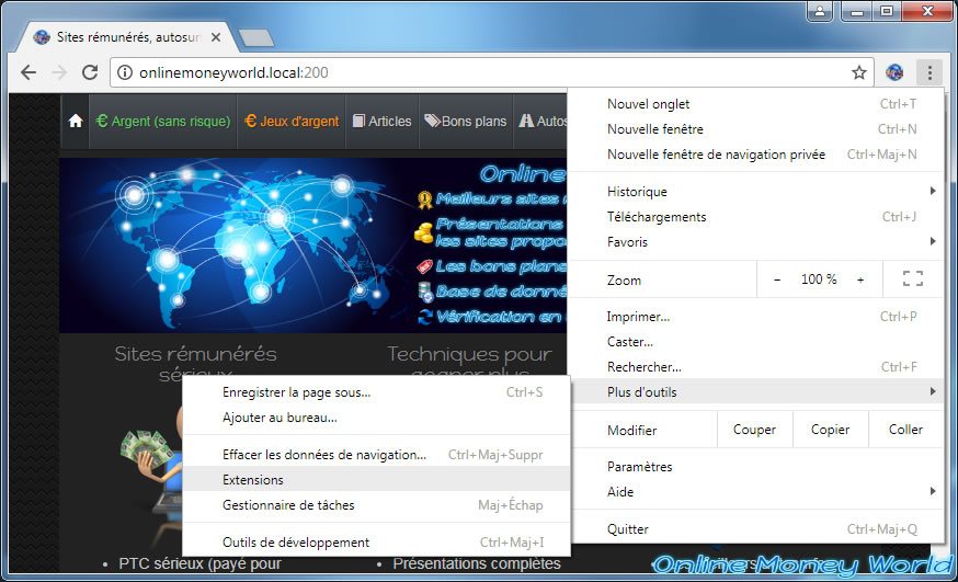 Menu extension de Google Chrome