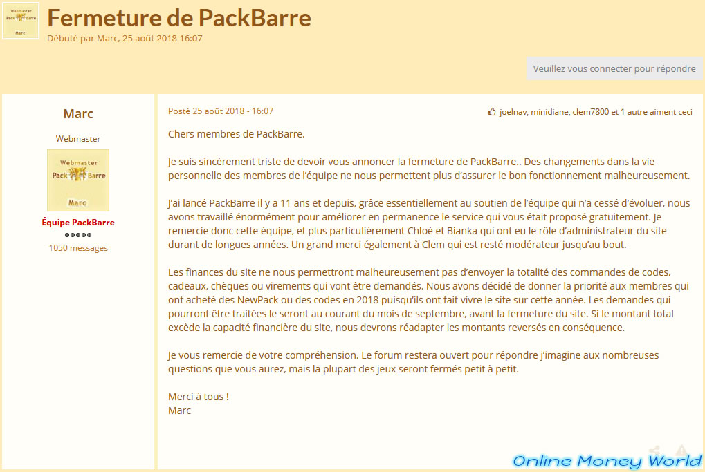 Fermeture de PackBarre